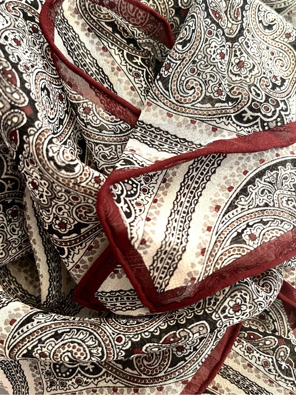 Semi Sheer Paisley Pattern Scarf in Cream, Black and Burgundy! - Picture 3 of 4